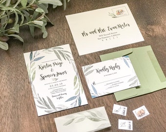 Watercolor Greenery Wedding Invitation Set with Vellum belly band, Eucalyptus / Sage Green Olive Leaves Wreath, Boho, Botanical, Modern