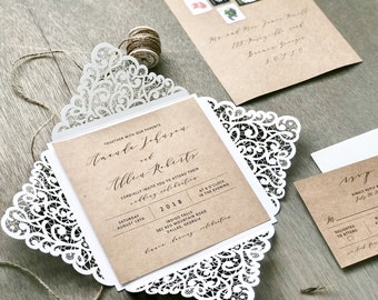 Rustic Glam Laser Cut Wedding Invitation Set Printed on Kraft wrapped in Elegant White Ornate Petal Fold & Twine Vintage Traditional Invite