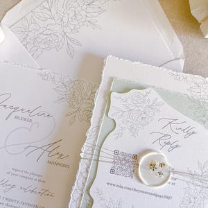 Die Cut Wedding Invitation Suite with Deckled Edge and Dried Flower Wax Seal, Green and White Modern Elegant Invite Set