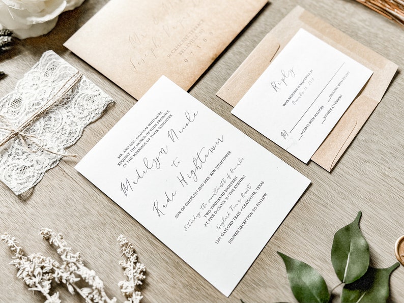 Lace Wedding Invitation Set with Lace Bellyband & Twine Wrap, Modern Elegant Rustic Style Invite, Formal Traditional Classic Wedding Suite image 7