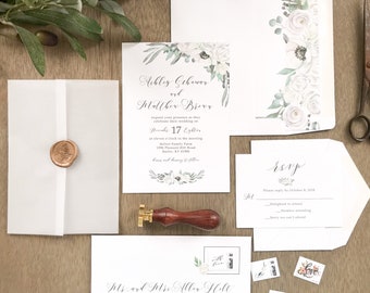 Elegant White Floral Wedding Invitation Set with Vellum & Wax Seal, Modern Boho Chic Style, Botanical Watercolor Flowers and Greenery