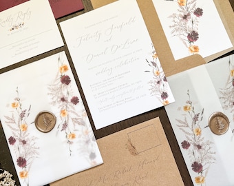 Plum and Mustard Wildflower Boho Wedding Invitation Set w/ Vellum Wrap & Wax Seal, Bohemian Leaves, Flowers and Greenery