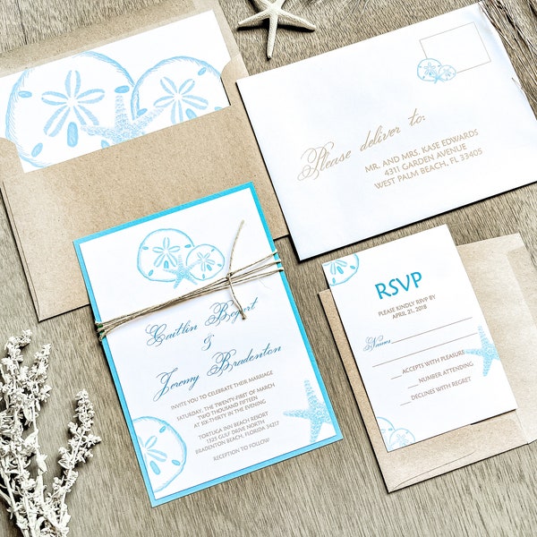 Simple Beach Wedding Invitation w/ Ocean Blue Turquoise Backer & Hemp Twine, Printed Sandollar Starfish Destination Caribbean Island Invite