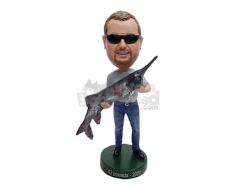 Custom Bobblehead Fearless Fisherman Holding Huge Fish, Fishing Custom Bobblehead, Sports Custom Bobblehead