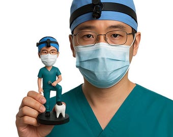 Custom Bobblehead Dentist Stepping on a Big Dental Mold Wearing Scrubs - Personalized Orthodontist Bobblehead and Custom Action Figure