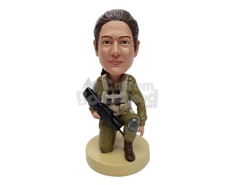 Custom Bobblehead Female Soldier Kneeling Down Holding a Gun - Personalized Military Bobblehead and Custom Action Figure