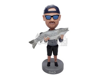 Custom Bobblehead Lucky Fisherman with Huge Fish, Fishing Custom Bobblehead, Sports Custom Bobblehead