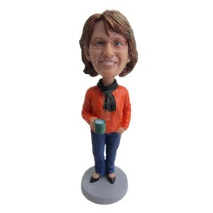 Custom Bobblehead Cool Gal with Coffee Mug, Casual Female Custom Bobblehead