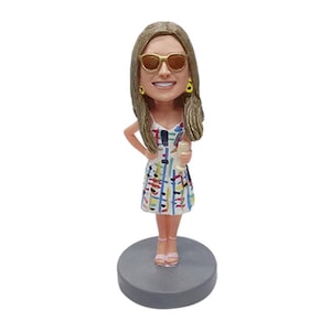 Custom Bobblehead Casual Female in a Gorgeous Dress & Heels Holding a Glass, Casual Female Custom Bobblehead