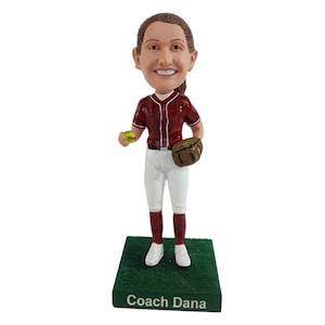 Custom Bobblehead Happy Softball Player Holding The Ball Ready to Play  - Personalized Baseball player Bobblehead and Custom Action Figure