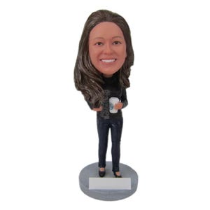 Custom Bobblehead Trendy Coffee Lover, Casual Female holding a Cup of Coffee Custom Bobblehead