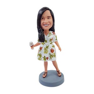 Custom Bobblehead Casual Female in Nice Dress Holding a Glass, Casual Female Custom Bobblehead