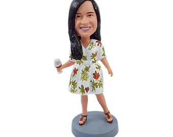 Custom Bobblehead Casual Female in Nice Dress Holding a Glass, Casual Female Custom Bobblehead