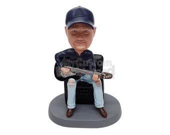 Custom Bobblehead Sitting Male Guitarist, Guitar Player Custom Bobblehead, Musical Instrument Custom Bobblehead