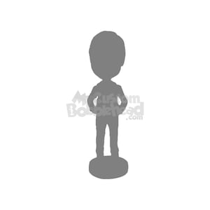 May include: A gray silhouette of a person with a large head and small body, standing with hands on hips. The person is standing on a round base.