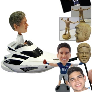 May include: A selection of custom bobbleheads, featuring a man on a white yacht, a football player, and a head sculpture. The bobbleheads are at different stages of production, with an emphasis on personalized features.