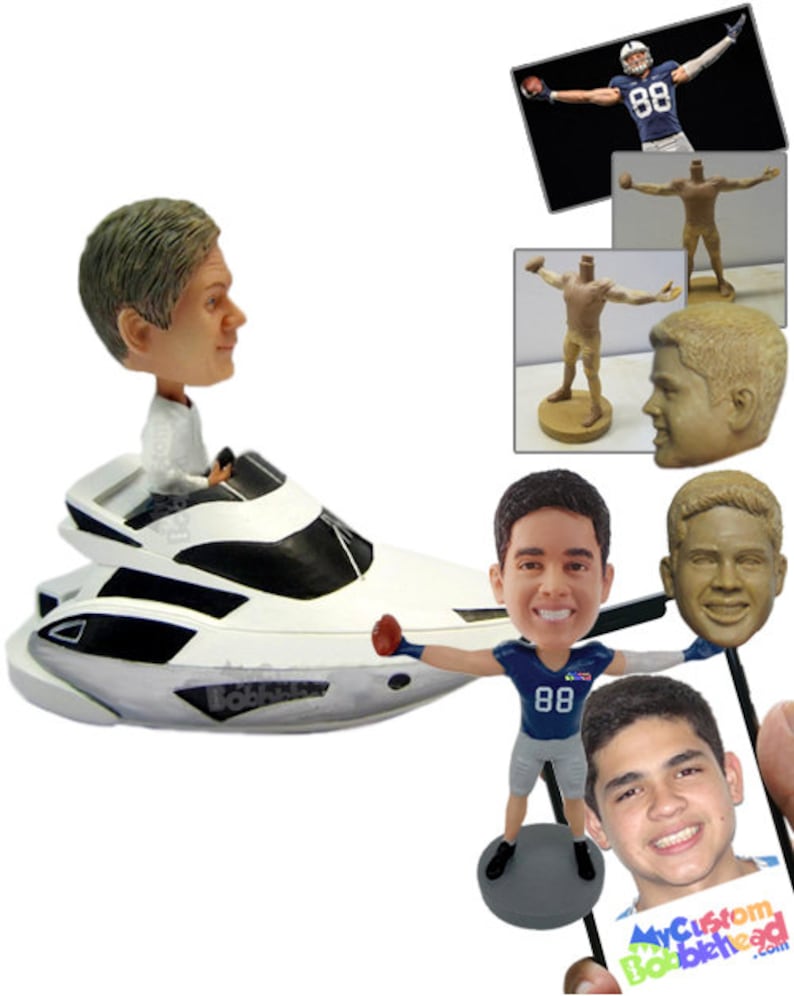 May include: A selection of custom bobbleheads, featuring a man on a white yacht, a football player, and a head sculpture. The bobbleheads are at different stages of production, with an emphasis on personalized features.
