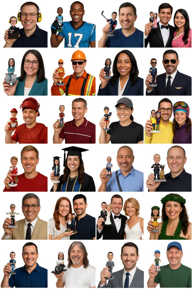 May include: A selection of bobblehead figures, each representing a person in different roles and hobbies. The figurines include a sports player, a construction worker, a graduate, and a police officer with a dog.