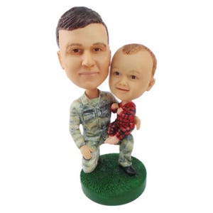 Custom Bobblehead Military Father and Kid Son, Father and Son Custom Bobblehead, Family Custom Bobblehead