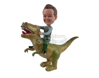 Custom Bobblehead Playful Boy on a Dinosaur, Little Boy in Pants Custom Bobblehead