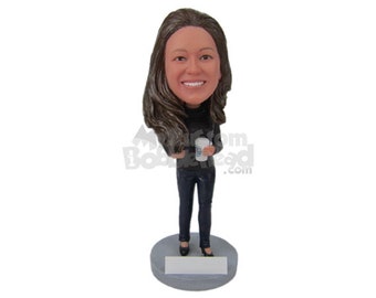 Custom Bobblehead Trendy Coffee Lover, Casual Female holding a Cup of Coffee Custom Bobblehead