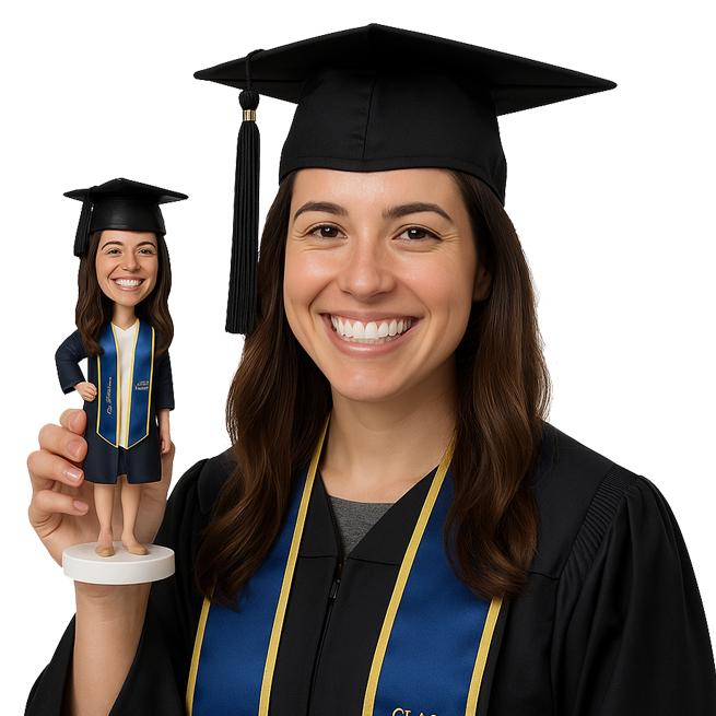 Custom Bobblehead Young Graduate Girl Wearing Cap and Gown - Personalized Graduation Bobblehead and Custom Action Figure