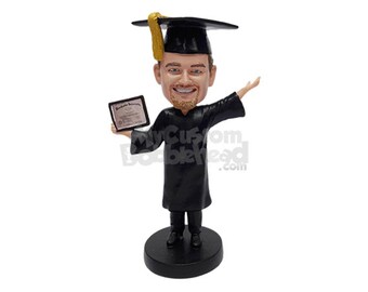 Custom Bobblehead Happy Male Graduate Holding His Own Diploma - Personalized Graduation Bobblehead and Custom Action Figure