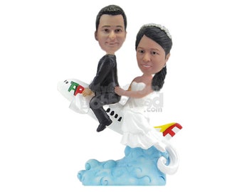 Custom Bobblehead Wedding Couple on Airplane, Bride and Groom Flying Away Custom Bobblehead, Wedding Custom Bobblehead