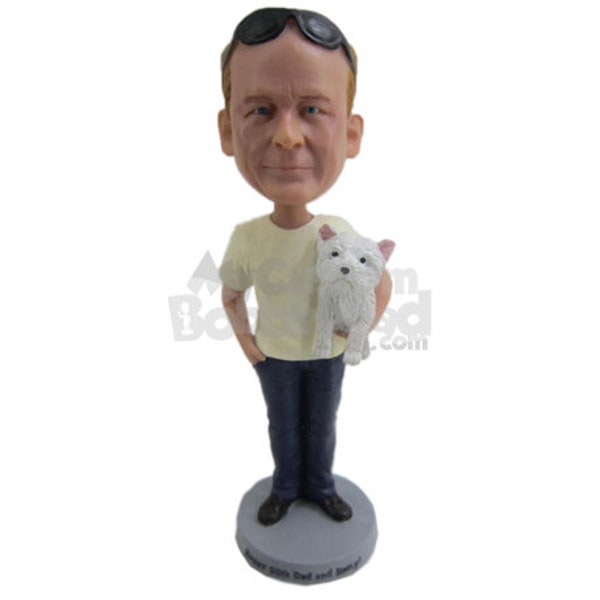 Custom Bobblehead Dog-loving Cool Dude, Casual Pal with a little Puppy Custom Bobblehead