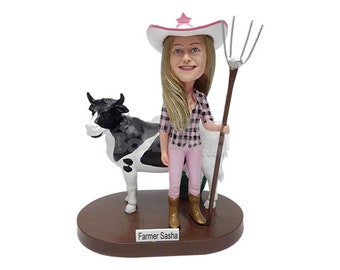 Custom Bobblehead Female Cowgirl Holding a Fork Alongside a Cow Prop  - Personalized Farmer Bobblehead and Custom Action Figure