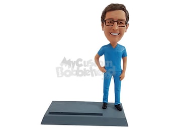 Custom Bobblehead Medical Practitioner in Scrubs with Business Cardholder Base, Male Nurse in Scrubs, OR Doctor