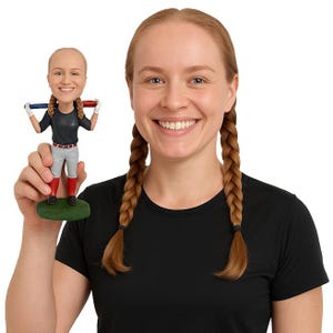 Custom Bobblehead Female Baseball Player Holding the Bat Behind Shoulders - Personalized Baseball player Bobblehead and Custom Action Figure