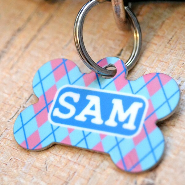 Personalizado etiqueta de identificación de mascotas Argyle azul y lavanda - CUSTOM - etiqueta de perro, Collar de perro, identificación del animal doméstico, cadena dominante