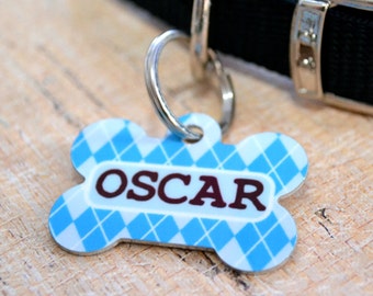 Personalized Blue Argyle Pet ID Tag - CUSTOM - Dog Tag, Leash Tag, Pet Identification, Key Chain