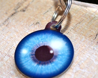 May include: A blue eye-shaped dog tag with a dark brown iris and a silver ring.