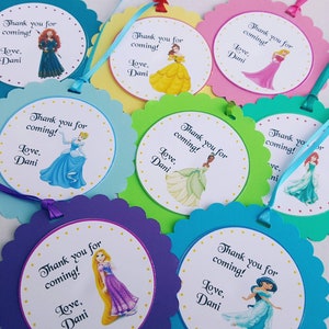 Personalized Disney Princess Happy Birthday Thank You Tags for Favor Bags~Cinderella~Belle~Rapunzel~Aurora~Snow White~Jasmine~Merida
