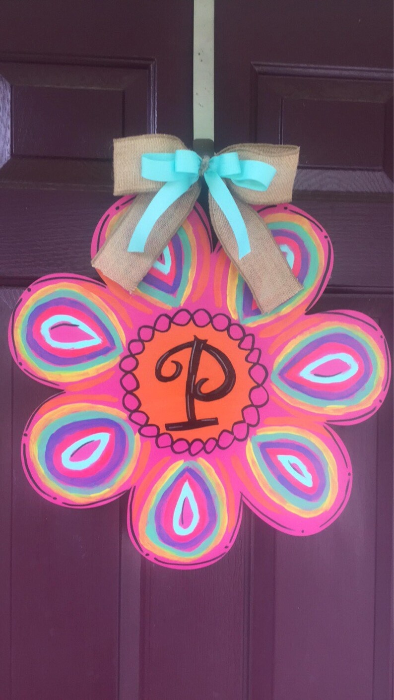 Multi Color Flower Door Hanger With Initial Etsy