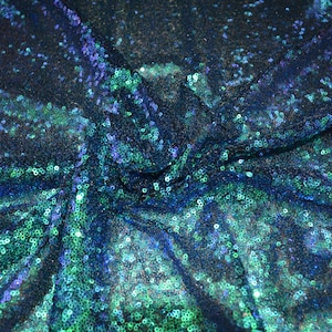 JN00378 Blue Green Two Tone   3mm Sequin  Salvage 2 Way Stretch Soft Mesh Draping High Fashion Home Decor 54/58&quot; Fabric By The Yard