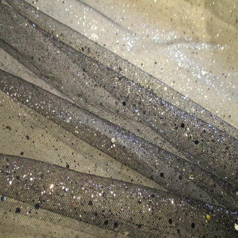JN00184 Sale Item Black Mesh Silver Metallic Splash 2 Way Stretch Sheer Soft Hand Lightweight High Fashion Craft 5860 Fabric By The 1 Yard