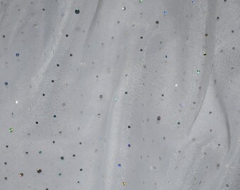 JN00255-1 White  Ice Speckles Hologram Embossed Sequins Glitter Lightweight Soft Drape High Fashion Home Decor Organza 58/60"Fabric By Yard