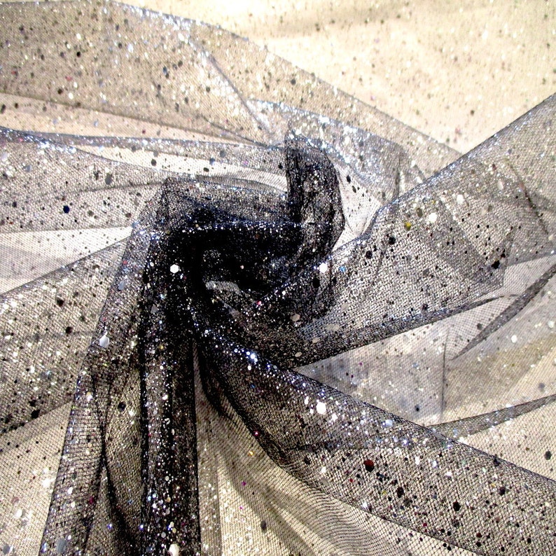 JN00184 Sale Item Black Mesh Silver Metallic Splash 2 Way Stretch Sheer Soft Hand Lightweight High Fashion Craft 5860 Fabric By The 1 Yard