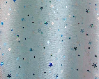 JN00285 Light Aqua Embossed Lazer Stars Planets Sequins Mesh Fabric 2 Way Stretch Super Lightweight Sheer Soft 58/60" Fabric By The Yard