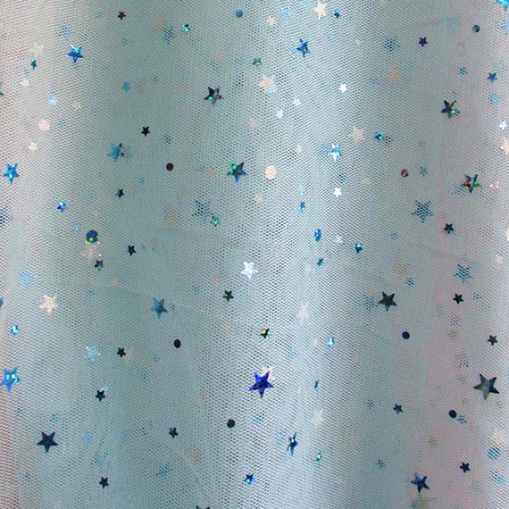 JN00285 Light Aqua Embossed Lazer Stars Planets Sequins Mesh Fabric 2 Way Stretch Super Lightweight Sheer Soft 58/60" Fabric By The Yard
