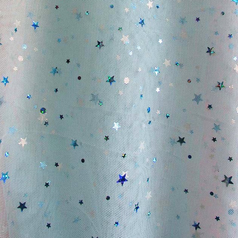 May include: Light blue tulle fabric with scattered iridescent blue stars.