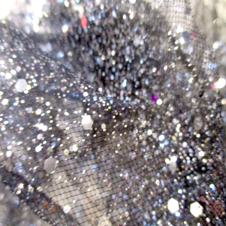 JN00184 Sale Item Black Mesh Silver Metallic Splash 2 Way Stretch Sheer Soft Hand Lightweight High Fashion Craft 5860 Fabric By The 1 Yard