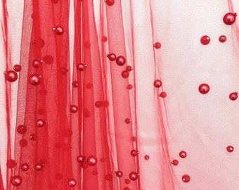JN002105 Red  Embossed Translucent Two Way Stretch Mesh Top Pearl Fabric  58/60" Fabric By The Yard