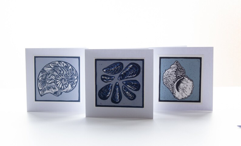 Shell Lino Print Set of 4 Handmade Greeting Cards Recycled | Etsy