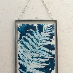 May include: A framed cyanotype print of a fern frond in a silver metal frame with a hanging chain.