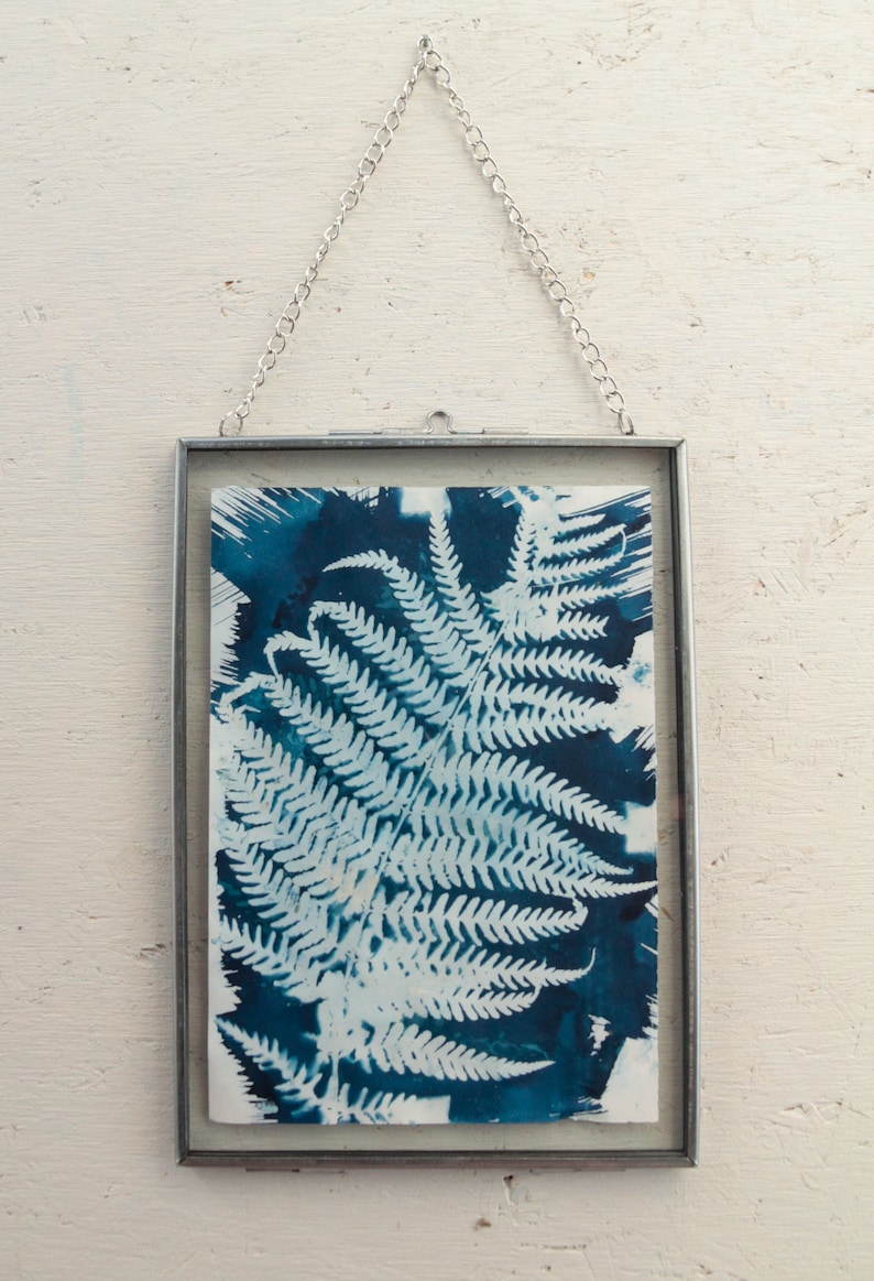 May include: A framed cyanotype print of a fern frond in a silver metal frame with a hanging chain.