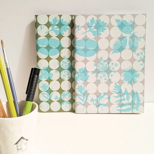 May include: Two small notebooks with patterned covers. The notebook on the left has a green cover with white circles and blue leaf designs. The notebook on the right has a grey cover with white circles and blue leaf designs.